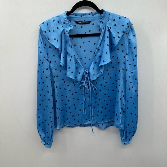 Y2K ZARA Blue-black polka-satin Deep V lace up ruffle coquette satin blouse S - Picture 2 of 10